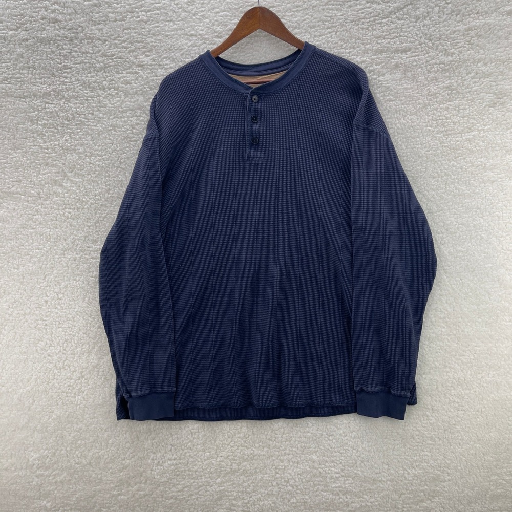 Eddie Bauer Shirt Mens 3XL Tall Navy Blue Waffle Knit Henley Y2K Outdoor Gorp